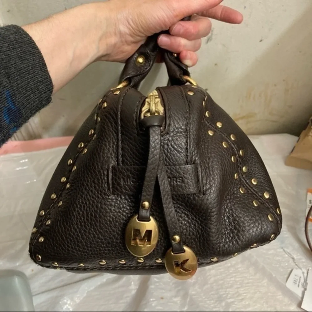 Michael Kors brown leather studded satchel bag